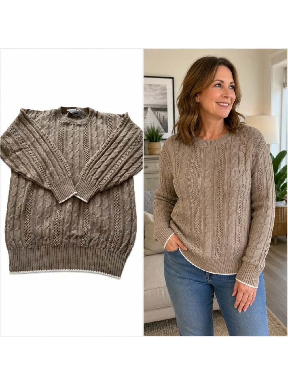 80's Women's Cable Knit Beige Made In USA Sweater SZ M Preppy Light Academia